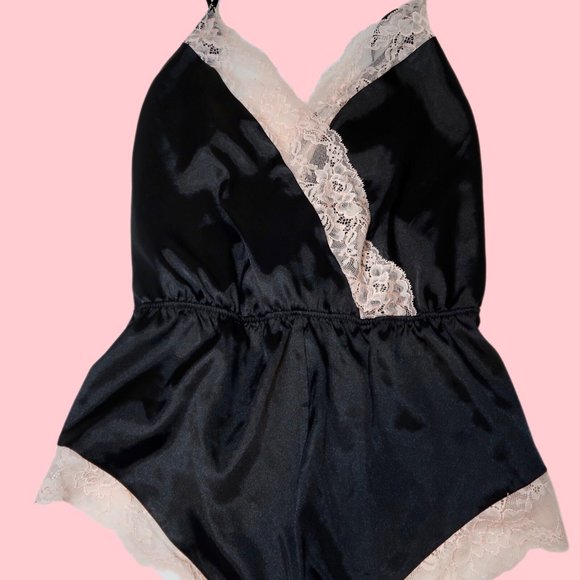 VICTORIA'S SECRET BLACK & PINK SATIN LACE ROMPER - Picture 1 of 4